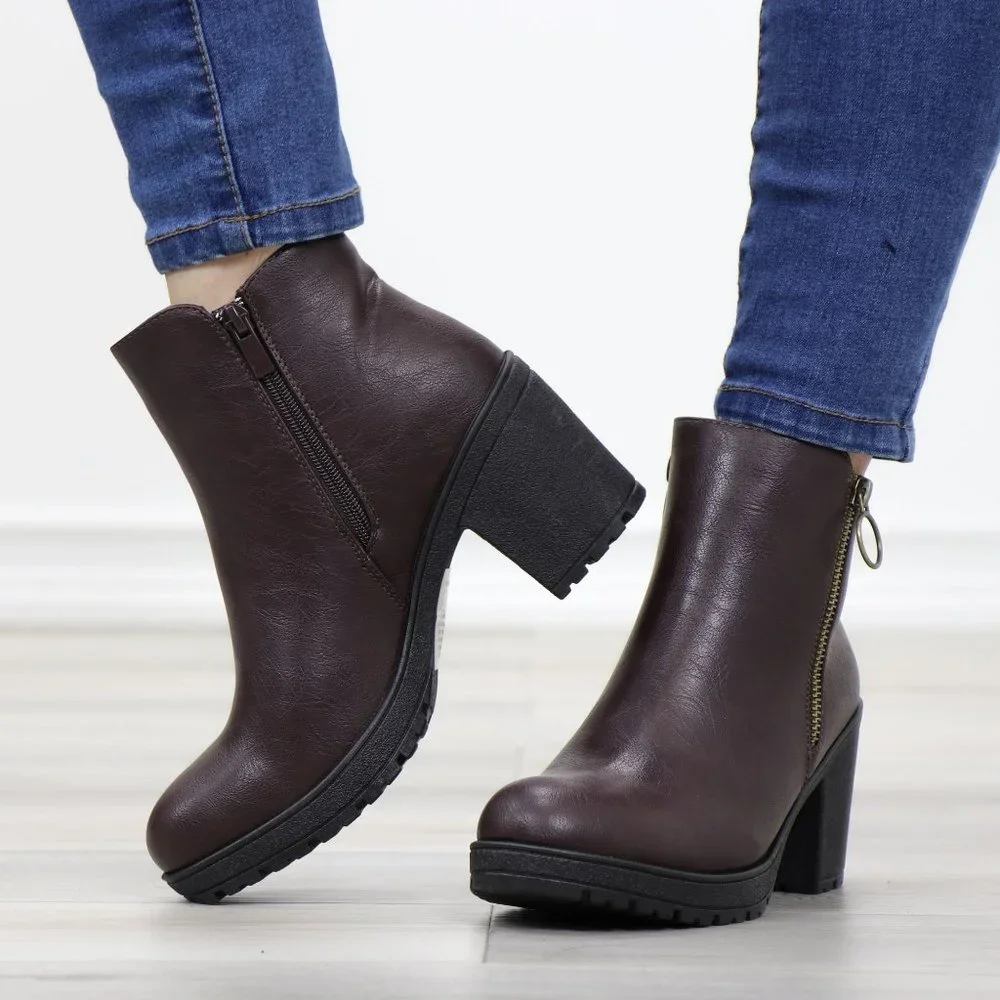 Brown Synthetic Leather Chunky Lug Block Heel Round Toe Ankle Boots - Picture 8 of 11